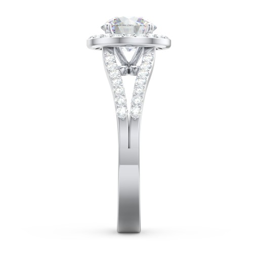 Diamond Halo Engagement Ring with Split Shank and Accents – 14K White Gold with Lab Diamond