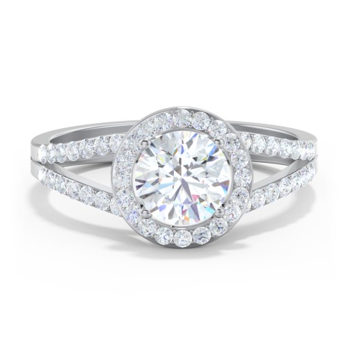 Diamond Halo Engagement Ring with Split Shank and Accents – 14K White Gold with Lab Diamond