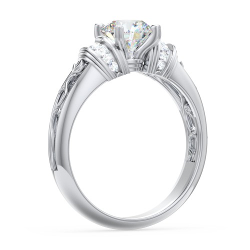 Vintage Solitaire Engagement Ring with Shoulder Accents and Sculptural Band – 14K White Gold with Diamond