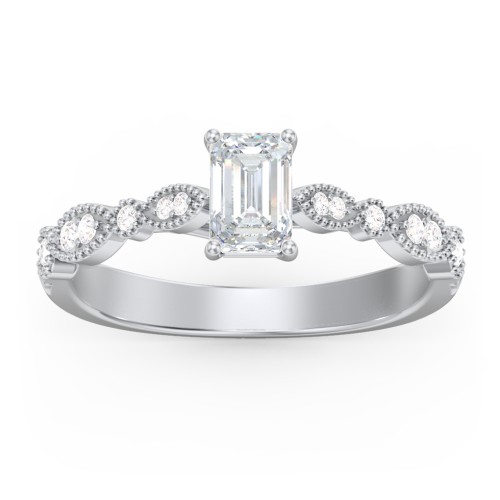 Vintage Diamond Ring with Milgrain Leaves and Accents – 14K White Gold with Lab Diamond