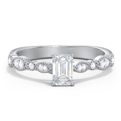 Vintage Diamond Ring with Milgrain Leaves and Accents – 14K White Gold with Lab Diamond