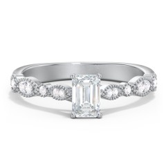 Vintage Diamond Ring with Milgrain Leaves and Accents – 14K White Gold with Lab Diamond