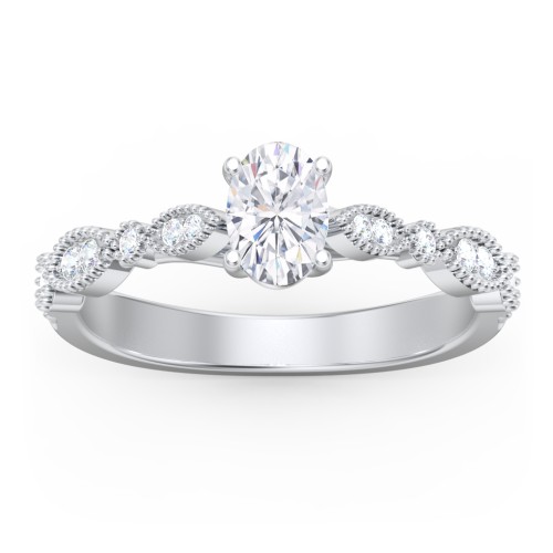 Vintage Diamond Ring with Milgrain Leaves and Accents – 14K White Gold with Lab Diamond