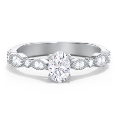 Vintage Diamond Ring with Milgrain Leaves and Accents – 14K White Gold with Lab Diamond