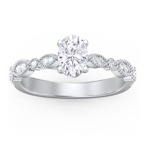 Vintage Diamond Ring with Milgrain Leaves and Accents – 14K White Gold with Lab Diamond