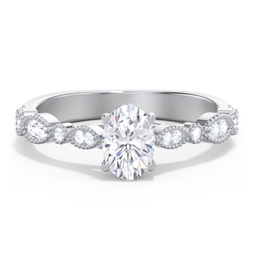 Vintage Diamond Ring with Milgrain Leaves and Accents – 14K White Gold with Lab Diamond