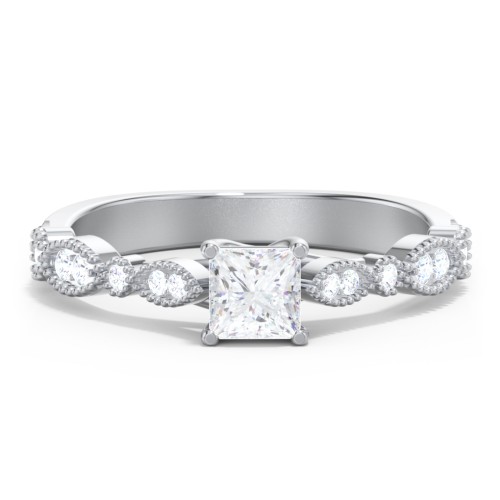 Vintage Diamond Ring with Milgrain Leaves and Accents – 14K White Gold with Lab Diamond