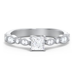 Vintage Diamond Ring with Milgrain Leaves and Accents – 14K White Gold with Lab Diamond
