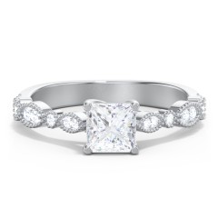 Vintage Diamond Ring with Milgrain Leaves and Accents – 14K White Gold with Lab Diamond