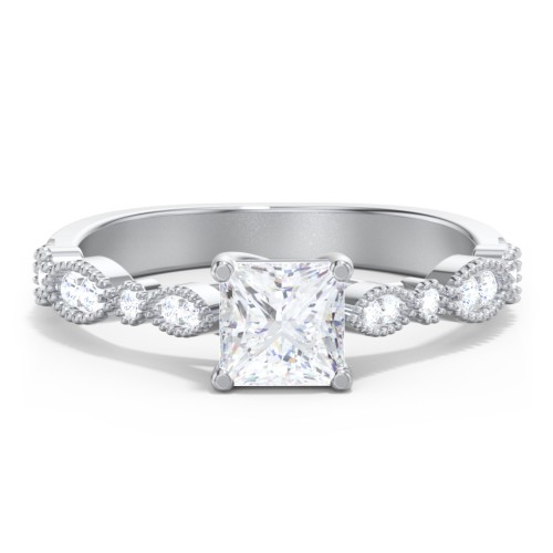 Vintage Diamond Ring with Milgrain Leaves and Accents – 14K White Gold with Lab Diamond