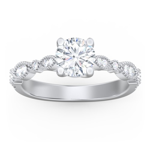 Vintage Diamond Ring with Milgrain Leaves and Accents – 14K White Gold with Lab Diamond