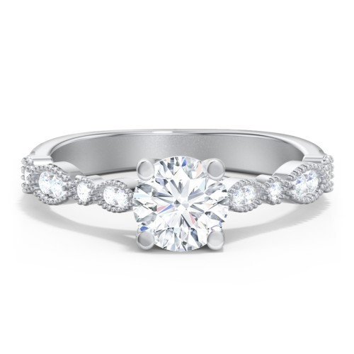 Vintage Diamond Ring with Milgrain Leaves and Accents – 14K White Gold with Lab Diamond
