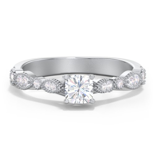 Vintage Diamond Ring with Milgrain Leaves and Accents – 14K White Gold with Lab Diamond