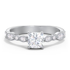 Vintage Diamond Ring with Milgrain Leaves and Accents – 14K White Gold with Lab Diamond