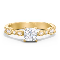 Vintage Diamond Ring with Milgrain Leaves and Accents in 10K Solid Yellow Gold with 04LABDIAM-CU-1.00-VS2-G-G and Lab Diamond