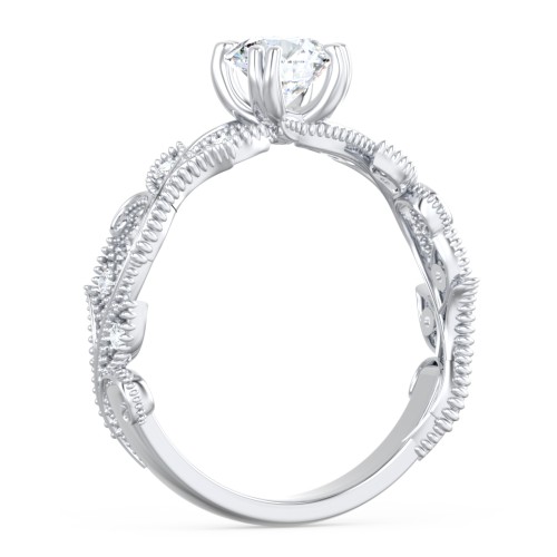 Vintage Leaf and Vine Solitaire Engagement Ring with Milgrain – 14K White Gold with Lab Diamond