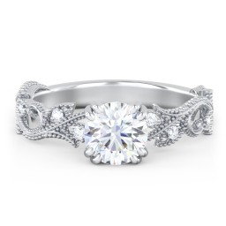 Vintage Leaf and Vine Solitaire Engagement Ring with Milgrain in 10K Solid White Gold