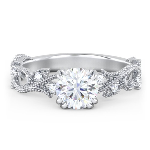 Vintage Leaf and Vine Solitaire Engagement Ring with Milgrain – 14K White Gold with Lab Diamond