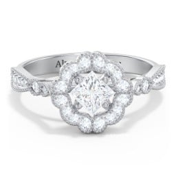 Vintage Solitaire Engagement Ring with Scalloped Halo and Leaf Band