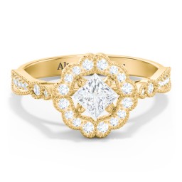 Vintage Solitaire Engagement Ring with Scalloped Halo and Leaf Band in 10K Solid Yellow Gold with 04DIAM-PC-0.50-I1-G-G and Diamond