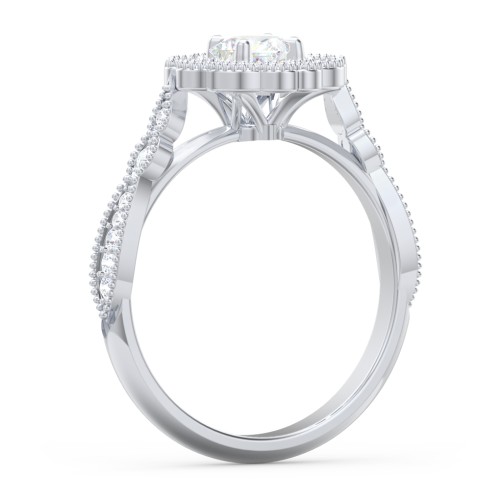 Vintage Solitaire Engagement Ring with Scalloped Halo and Leaf Band – 14K White Gold with Diamond