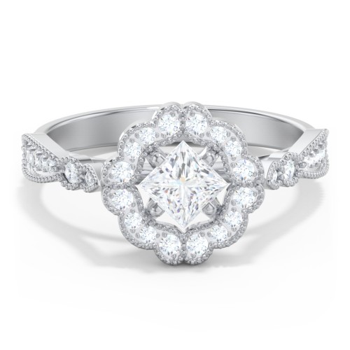 Vintage Solitaire Engagement Ring with Scalloped Halo and Leaf Band – 14K White Gold with Diamond