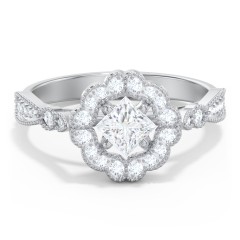 Vintage Solitaire Engagement Ring with Scalloped Halo and Leaf Band – 10K Yellow Gold with Diamond