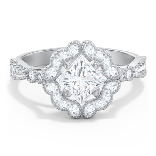 Vintage Solitaire Engagement Ring with Scalloped Halo and Leaf Band – 14K White Gold with Diamond