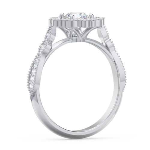 Vintage Solitaire Engagement Ring with Scalloped Halo and Leaf Band – 14K White Gold with Diamond