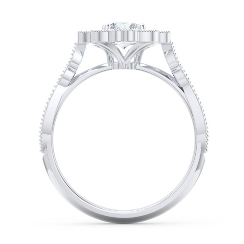 Vintage Solitaire Engagement Ring with Scalloped Halo and Leaf Band – 14K White Gold with Diamond
