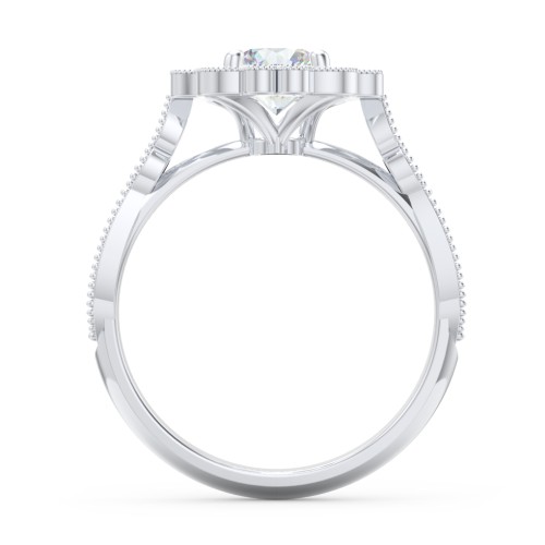 Vintage Solitaire Engagement Ring with Scalloped Halo and Leaf Band – 14K White Gold with Diamond