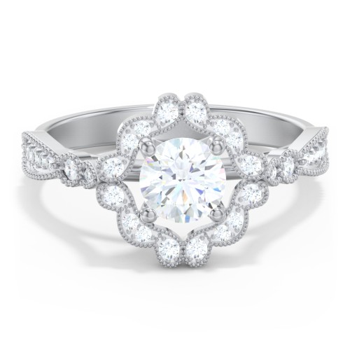 Vintage Solitaire Engagement Ring with Scalloped Halo and Leaf Band – 14K White Gold with Diamond