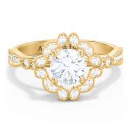 Vintage Solitaire Engagement Ring with Scalloped Halo and Leaf Band in 10K Solid Yellow Gold