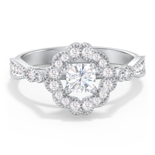 Vintage Solitaire Engagement Ring with Scalloped Halo and Leaf Band – 14K White Gold with Diamond