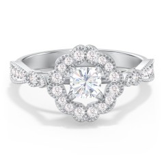 Vintage Solitaire Engagement Ring with Scalloped Halo and Leaf Band – 14K White Gold with Diamond