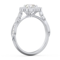 Vintage Solitaire Engagement Ring with Scalloped Halo and Leaf Band