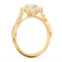 Vintage Solitaire Engagement Ring with Scalloped Halo and Leaf Band in 10K Solid Yellow Gold