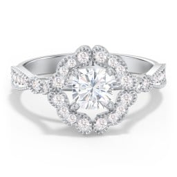 Vintage Solitaire Engagement Ring with Scalloped Halo and Leaf Band