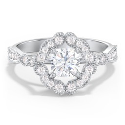 Vintage Solitaire Engagement Ring with Scalloped Halo and Leaf Band