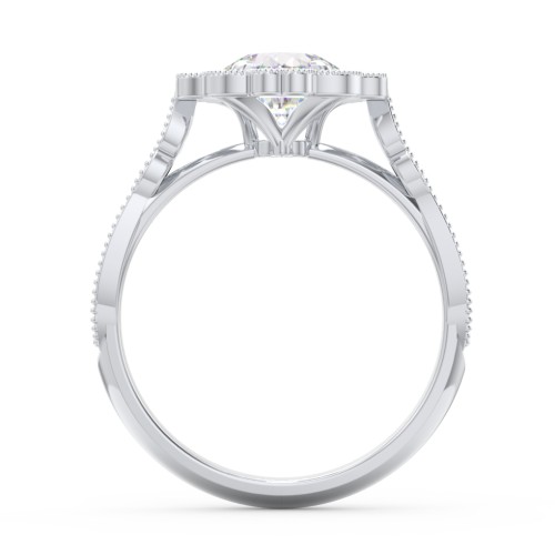 Vintage Solitaire Engagement Ring with Scalloped Halo and Leaf Band – 14K White Gold with Diamond