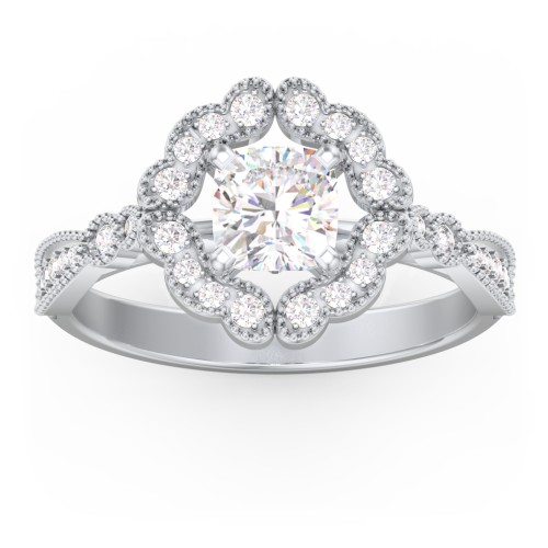 Vintage Solitaire Engagement Ring with Scalloped Halo and Leaf Band – 14K White Gold with Diamond