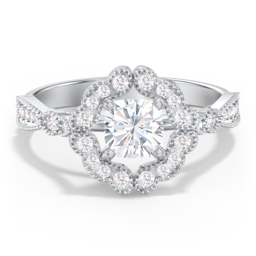 Vintage Solitaire Engagement Ring with Scalloped Halo and Leaf Band – 14K White Gold with Diamond