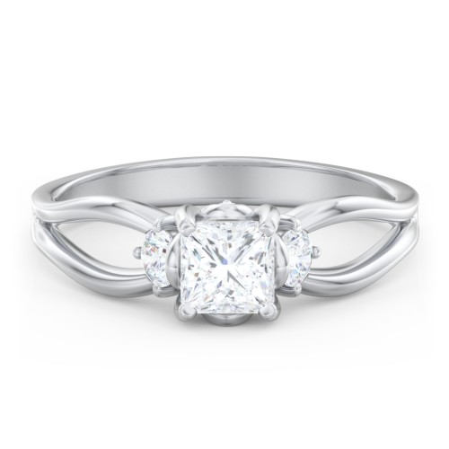 3 Stone Diamond Engagement Ring with Split Shank and Peek-A-Boo Accents – 14K White Gold with Diamond