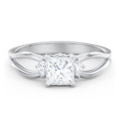 3 Stone Diamond Engagement Ring with Split Shank and Peek-A-Boo Accents – 14K White Gold with Diamond