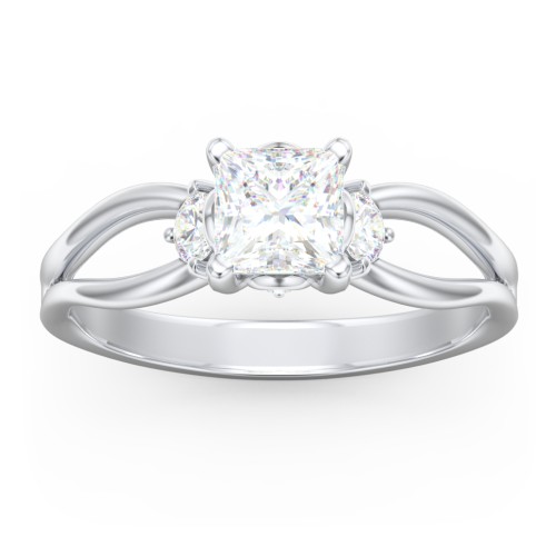 3 Stone Diamond Engagement Ring with Split Shank and Peek-A-Boo Accents – 14K White Gold with Diamond