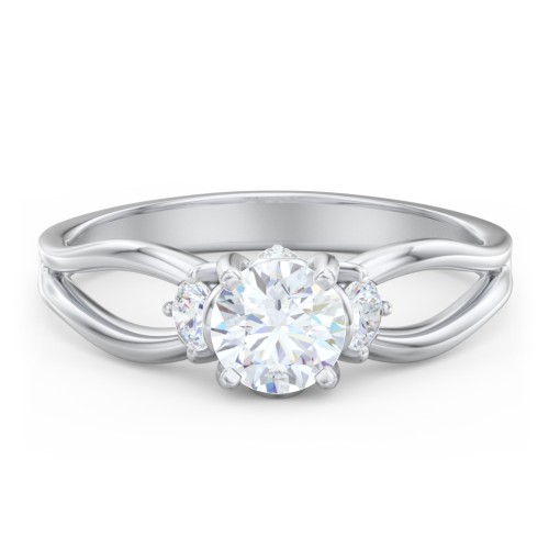 3 Stone Diamond Engagement Ring with Split Shank and Peek-A-Boo Accents – 14K White Gold with Diamond