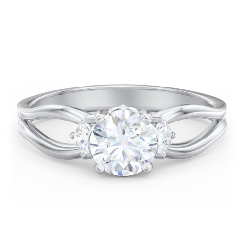 3 Stone Diamond Engagement Ring with Split Shank and Peek-A-Boo Accents – 14K White Gold with Diamond