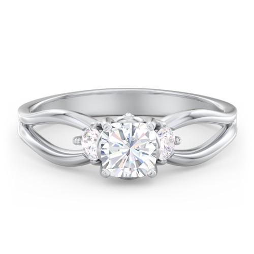 3 Stone Diamond Engagement Ring with Split Shank and Peek-A-Boo Accents – 14K White Gold with Diamond