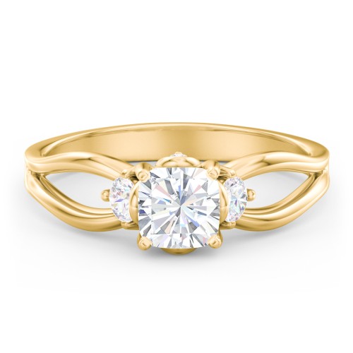 3 Stone Diamond Engagement Ring with Split Shank and Peek-A-Boo Accents – 10K Yellow Gold with Diamond