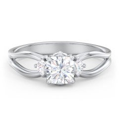 3 Stone Diamond Engagement Ring with Split Shank and Peek-A-Boo Accents – 14K White Gold with Diamond
